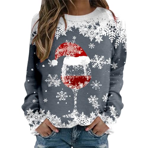 Weihnachtspulli Damen Ugly Weinglas Muster Christmas Sweater Casual Lose Langarmshirt Weihnachtsdruck Xmas Pulli Shirt Frauen Jumper Bluse Tops Longshirt Oberteil Sweatshirts Kapuzenpullover von Nhainel