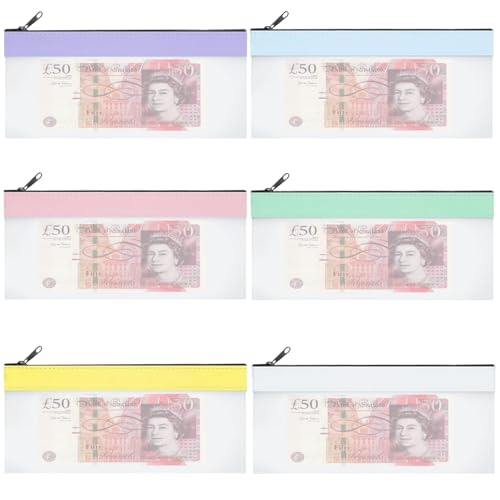 Nhemeylp 6 Stück Kunststoff-Geldbeutel für Bargeld, Geldtaschen mit Reißverschluss, transparente Geldumschläge, Münzbörse für Bargeld, Scheck, Quittung, Organizer, Grün + Himmelblau + Lila + Weiß + von Nhemeylp