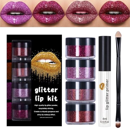 Nhujevkom Lip Glitter Set,Glitzer-Lippen Make-Up Mit Primer & Pinsel - Glänzender Lippenstift Für Frauen Party Hochzeit Familientreffen Feiertag Halloween Weihnachten von Nhujevkom