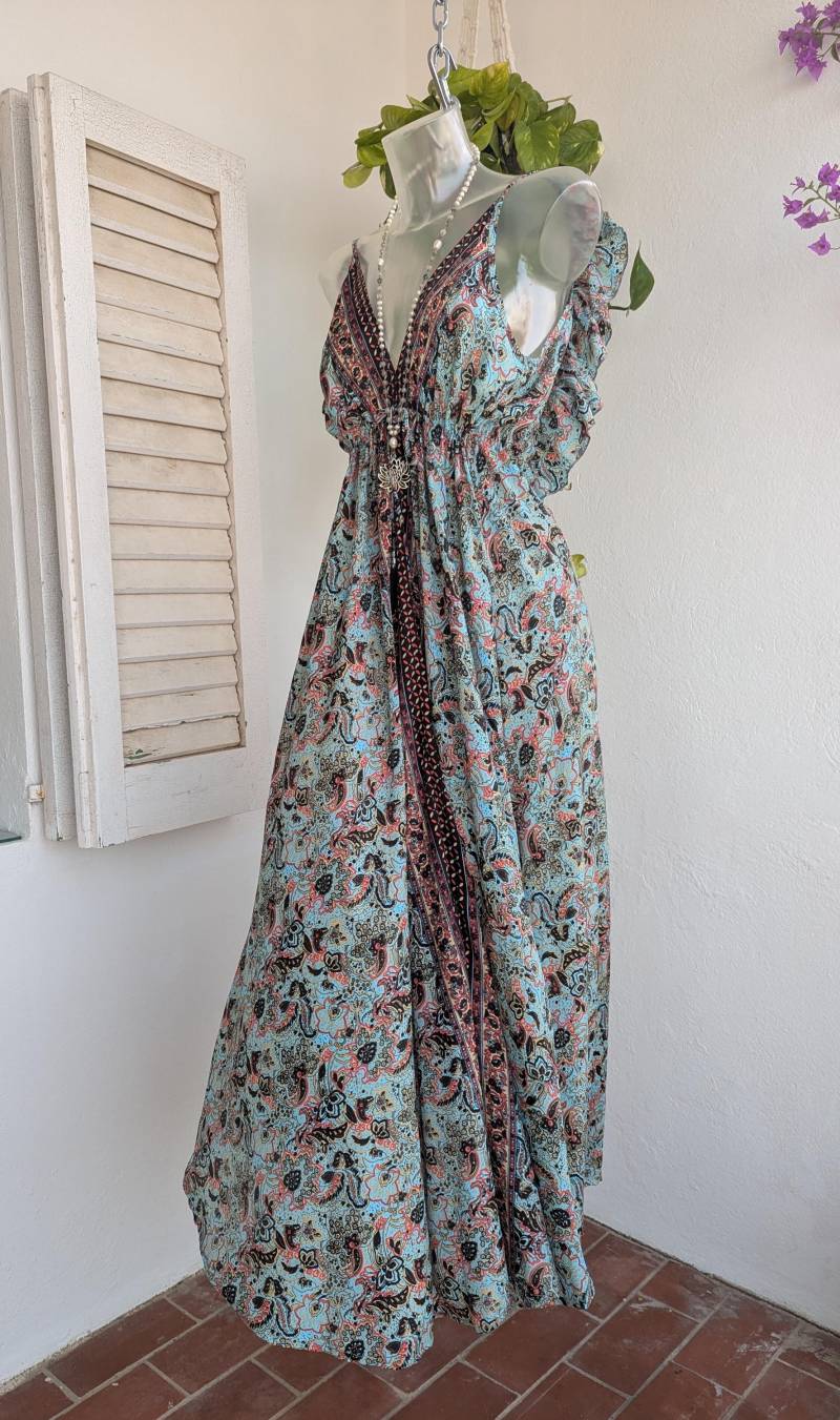 Ibiza Fashion Maxikleid Aus Seide Robe Boho Dress Ethno Gipsy Festival Sommerkleid Blau Seidenkleid Vintage Schwarz von NiCiCOUTUREfashion