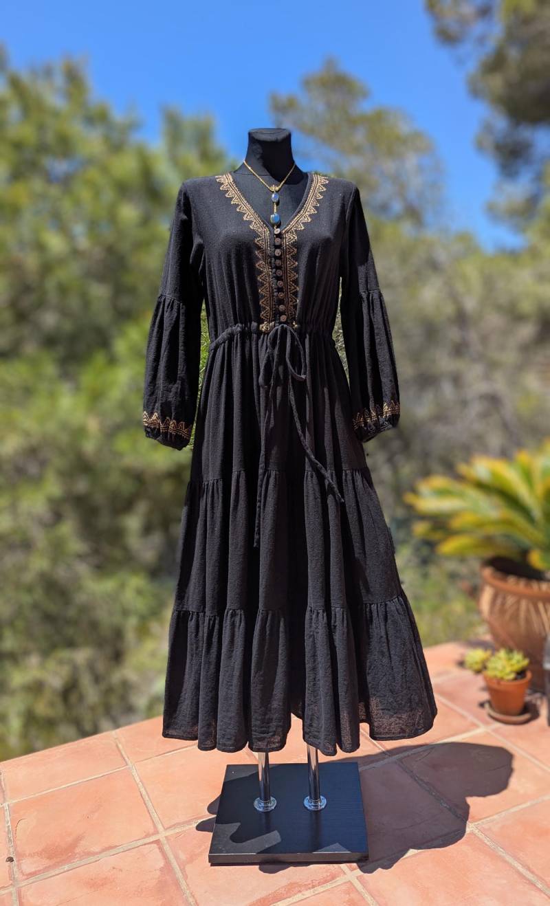 Ibiza Fashion Maxikleid Baumwolle Folklore Oversize Dress Kaftan Kleid Boho Lang Braun Robe Gipsy Blusenkleid Volant Ethno Schwarz von NiCiCOUTUREfashion