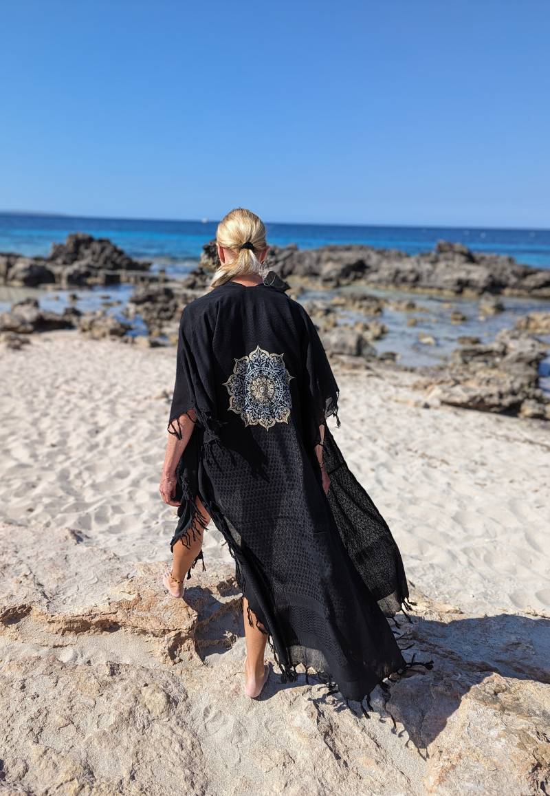 Nici Couture Ibiza Kimono Schwarz Mandala Flower Gold/Silber Robe Oversize Mantel Kaftan Swarovski Kristalle von NiCiCOUTUREfashion