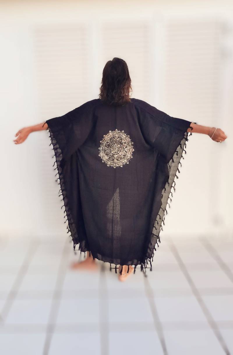 Nici Couture Ibiza Kimono Schwarz Mandala Gold Robe Oversize Mantel Kaftan Swarovski Kristalle von NiCiCOUTUREfashion