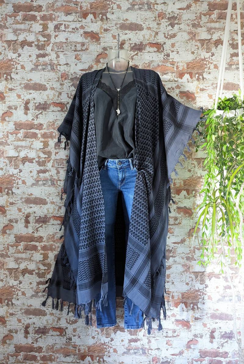Nici Couture Pali Kimono Ibiza Lang Fransen Kaftan Boho Maxikleid Poncho Mantel Grau - Schwarz Kleid Robe Gipsy von NiCiCOUTUREfashion