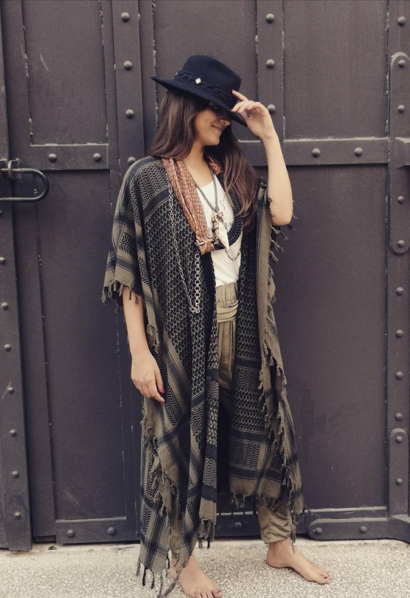 Nici Couture Pali Kimono Ibiza Lang Fransen Kaftan Boho Maxikleid Poncho Mantel Khaki - Schwarz Kleid Robe Gipsy von NiCiCOUTUREfashion