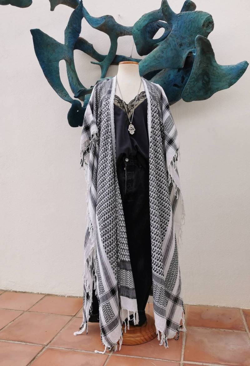 Nici Couture Pali Kimono Lang Oversize Mantel Weiß - Schwarz Ibiza Tunika Fransen Kaftan Boho Poncho Baumwolle Ethno von NiCiCOUTUREfashion