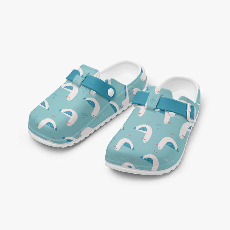Lustige Damen Herren Tier Clogs Möwen Motiv, Geschlossene Arbeitsclogs, Rutschfeste Pflege Schuhe, Gartenclogs Blau, Slip On Pantoletten von NiHisWelt