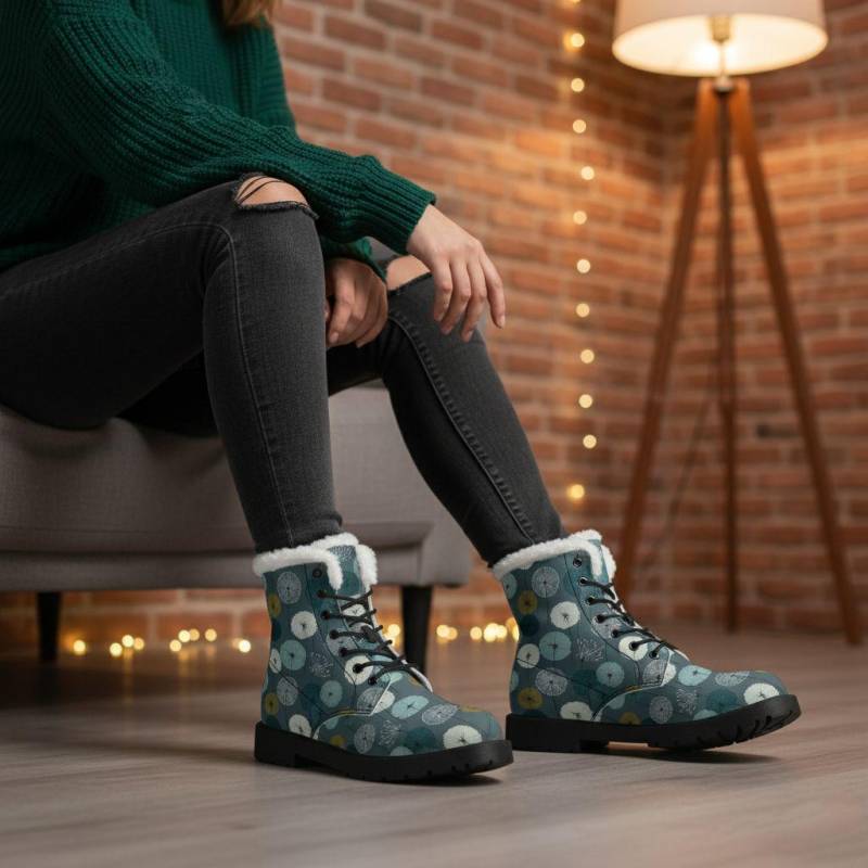 Retro Blumen Winterstiefel Damen | Warme Gefütterte Stiefeletten Mit Modernem Dandelion Muster in Blau Grün Senfgelb Bequeme Herbst Boots von NiHisWelt