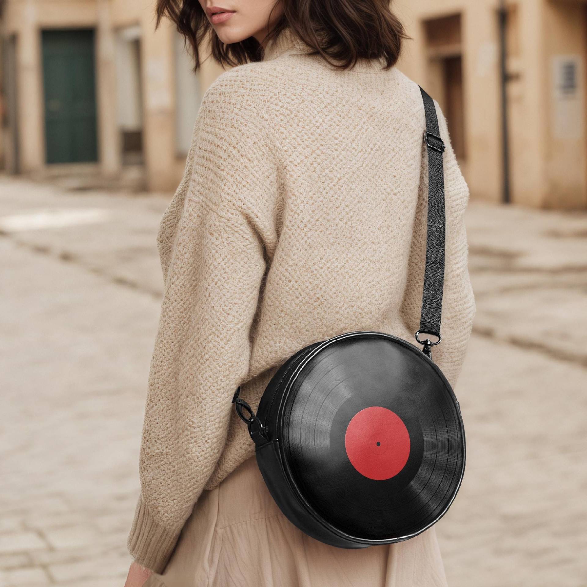 Runde Tasche Schallplatte - Retro Vinyl Bag Musik Umhängetasche Damen & Kinder Geschenk Für Musikliebhaber Festival Schwarz von NiHisWelt