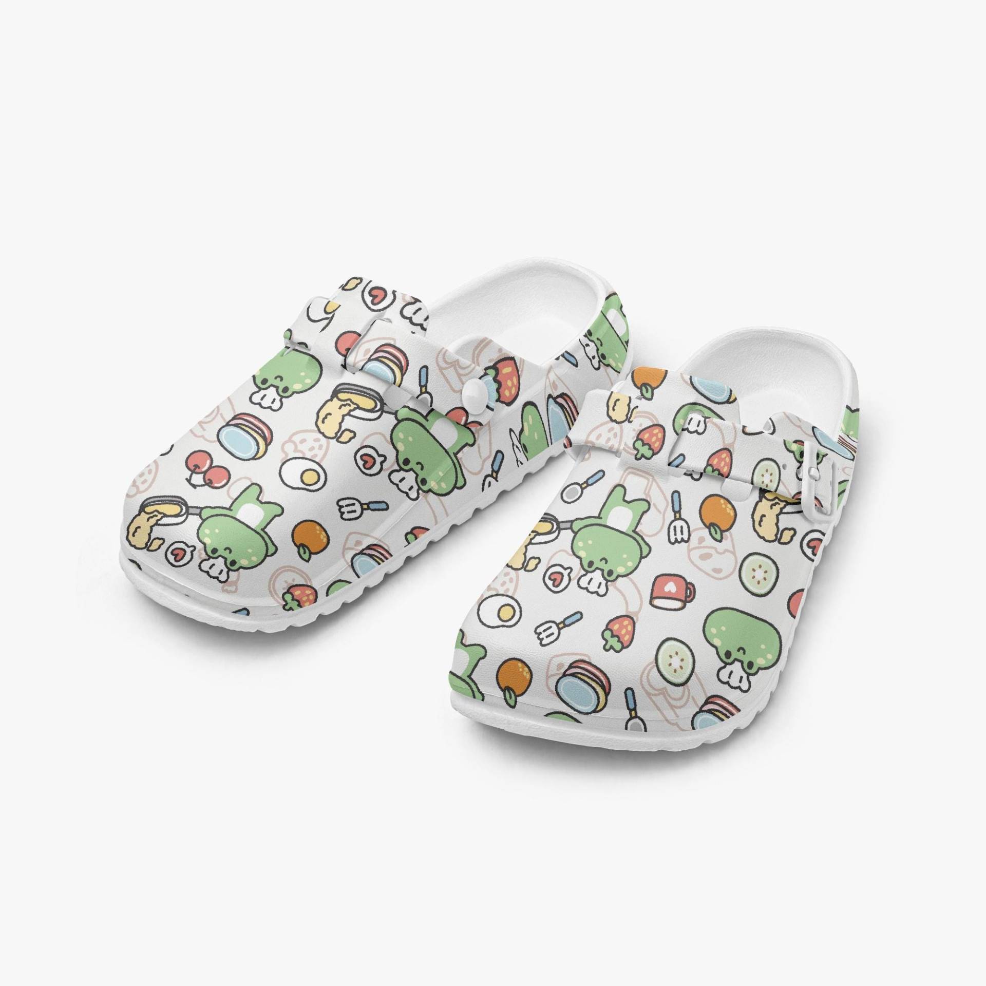 Witzige Kawaii Frosch Clogs - Lustige Froschmotiv Hausschuhe Damen Und Herren, Pantoletten Pfannkuchen Motiv, Geschenk Foodie Tierliebhaber von NiHisWelt