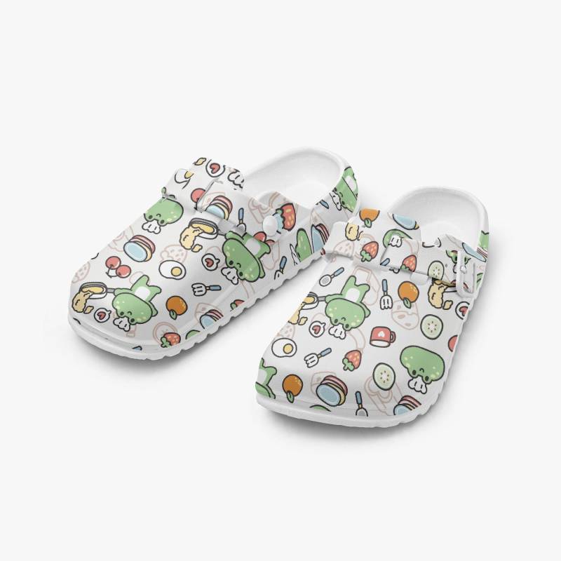 Witzige Kawaii Frosch Clogs - Lustige Froschmotiv Hausschuhe Damen Und Herren, Pantoletten Pfannkuchen Motiv, Geschenk Foodie Tierliebhaber von NiHisWelt