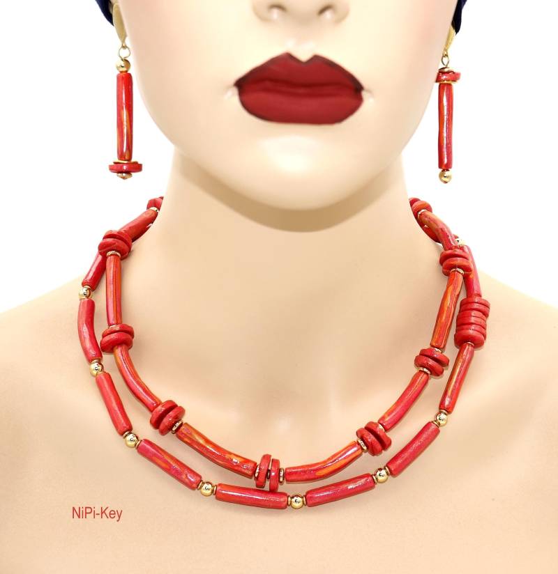 Aufregend Schöne Doppelreihige Halskette Mit Ohrringen, Ohrstecker Schimmerndes Orange Gold Unikat Handarbeit Heissersommer Aus Polymerton Aufregend Schöne Doppelreihige Halskette Mit Ohrringen, Ohrstecker Schimmerndes Orange Gold Unikat Handarbeit Heissersommer Aus Polymerton von NiPiKey