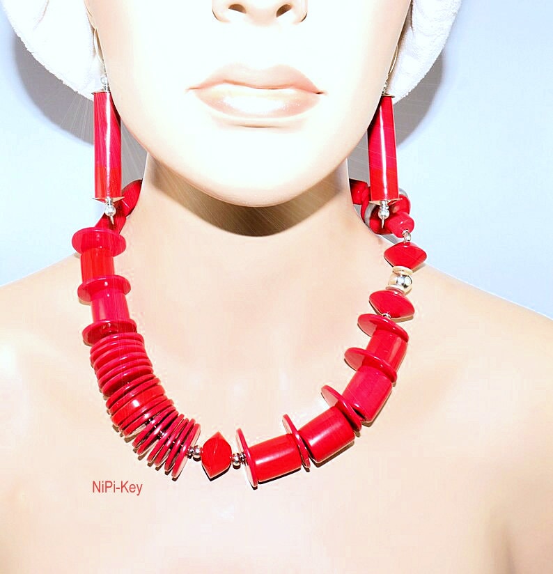 Halskette Halblang Leuchtend Rote Silber Statementkette Ohrringe Set Handarbeit Unikat Dreimalrot Polymer Clay Passendes Armband Im Shop von NiPiKey