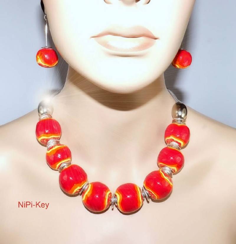 Halskette Kurz Strahlend Orange Rot Silber Ohrstecker Set Handarbeit Unikat Soletempesta Aus Polymer Clay, Fimo von NiPiKey