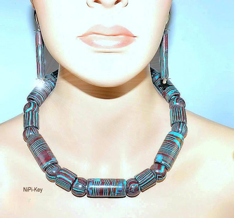 Kette Elegante Kurze Halskette Ohrringe Set Türkis Kupfer Silber Unikat Handarbeit Turkeystripes Aus Polymer Clay, Fimo von NiPiKey