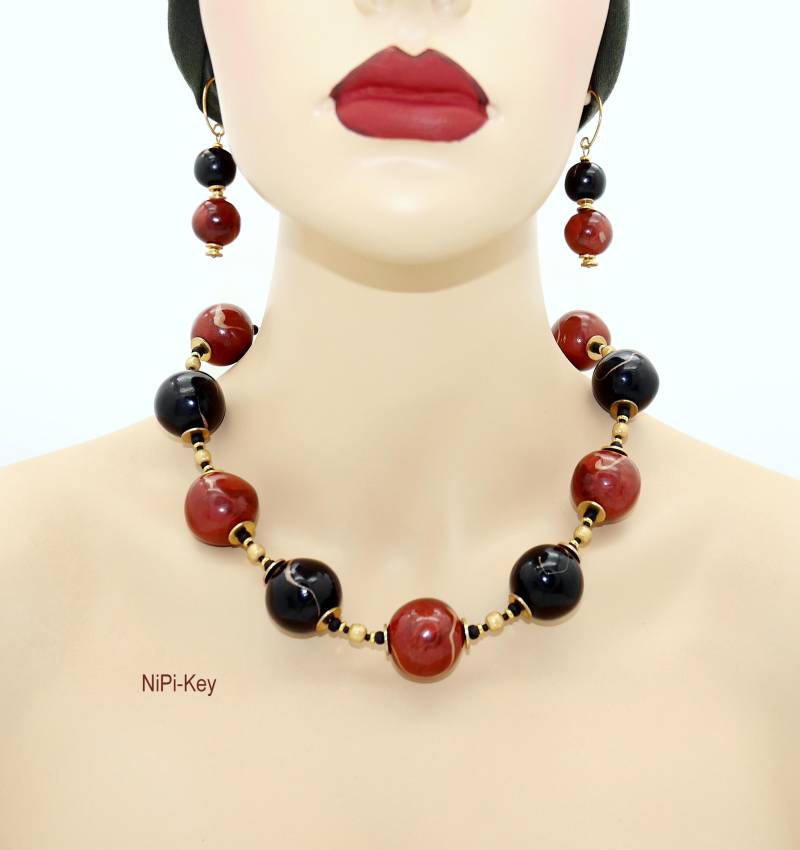 Glänzende Statementkette Kupfer Schwarz Gold Mit Hängeohrringen Set Handarbeit Unikat Awahnsinn Aus Polymerton Zeitlos Schön von NiPiKey