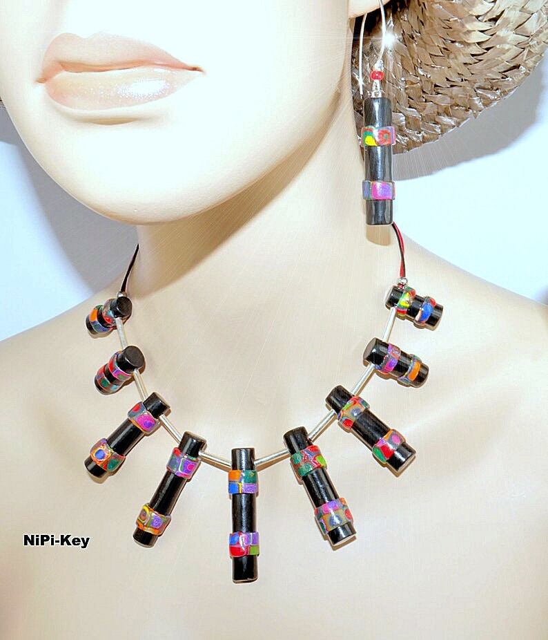 Kette Kurz Bunt Schwarz Silber Halskette Ohrringe Set - Ohne Armband - Handarbeit Unikat Coloursticks Aus Polymer Clay, Fimo von NiPiKey