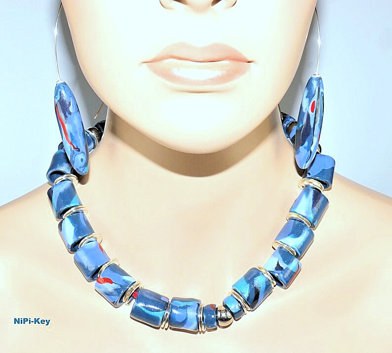 Kette Kurze Jeansblau Rot Silber Halskette Statementkette Ohrringe Set Ohne Armreif Handarbeit Unikat Nicetime Aus Polymer Clay, Fimo von NiPiKey