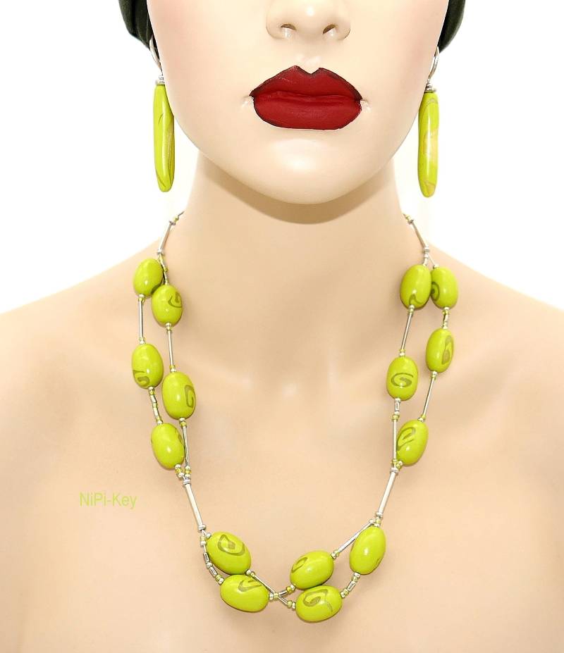 Wunderbare Lange Doppelreihige Halskette Und Ohrringe, Hängeohrringe Lemon Silber Set Handarbeit Unikat Lenzi Aus Polymerton von NiPiKey