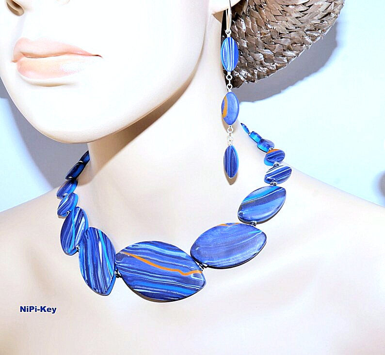 Kette Sehr Kurze Blau Orange Silber Collierkette Ohrringe Set Handarbeit Unikat Avatari Aus Polymer Clay, Fimo von NiPiKey