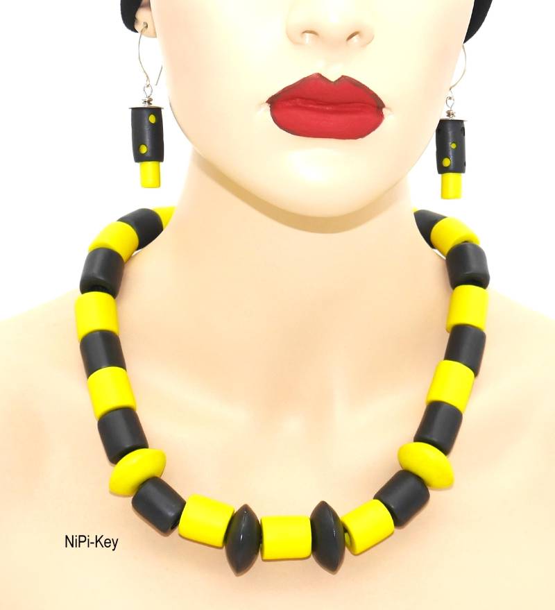 Wow Große Mittellange Halskette, Passende Ohrringe.set Lemon Schwarz Silber Handarbeit Unikat Blacklimona Aus Polymerton von NiPiKey