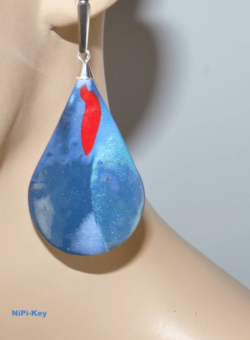 Ohrringe Super Lange Ohrstecker Blau Rot Silber Statement Handarbeit Unikat Drops Aus Polymer Clay, Fimo von NiPiKey
