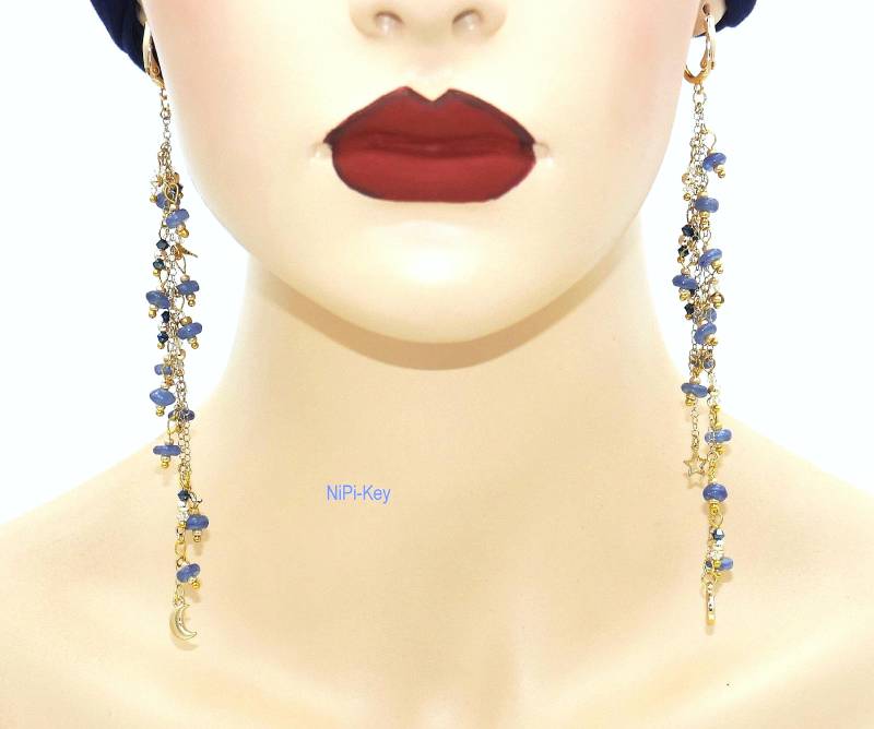 Superlange Ohrringe, Hängeohrringe Blau Gold Mit Tollen Kyanitperlen, Swarovskiperlen, Superleicht Kyadream von NiPiKey