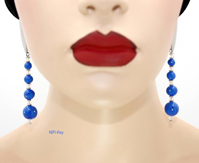 Superschöne Hängeohrringe, Funkelnd Blau Silber Swarovskisteinchen, Swarovskiperlen Fullmoon Aus Polymerton von NiPiKey