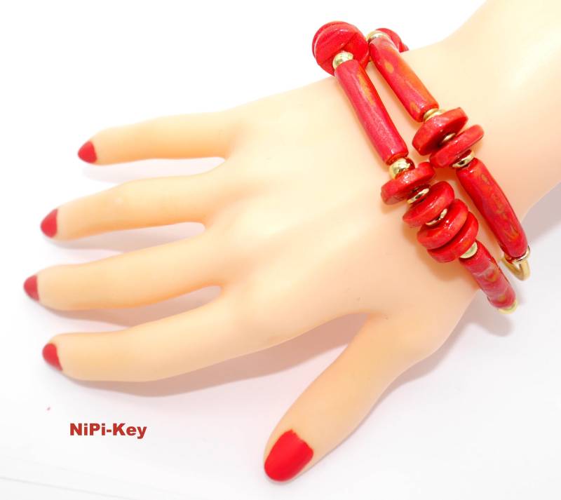 Tolles Armband Flexibel Doppelreihig Orange Gold Schimmernd Unikat Handarbeit Passend Zum Set Heissersommer Polymerton Heissersommertoo von NiPiKey