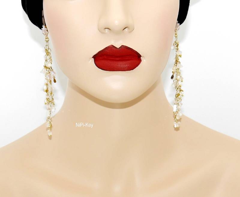Umwerfend Glitzernde, Lange Hängeohrringe Ohrstecker Weiß Gold Transparent Swarovskiperlen Biwaperlen Perfektbride von NiPiKey