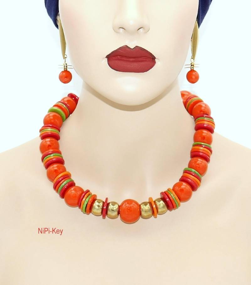 Wow Statement Halskette Kurz Leuchtendes Rot Orange Grün Gold Und Ohrstecker Set Handarbeit Unikat Sunshine Aus Polymerton von NiPiKey
