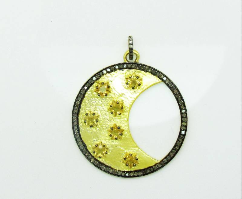 Diamant Anhänger, 925 Silber Halbmond Stern Handgemachter Schmuck, Runde Halloween Sale von NiabyNid