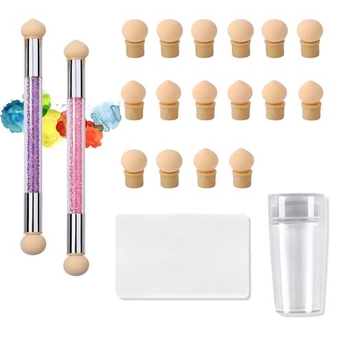Niaciswe NailArt Rendering Werkzeuge Schwamm 20 Stück Doppelter Kopf Ombre Sponge Maniküre-Pinsel Doppelter Kopf Ombre Sponge Stick mit 16 Ersatzköpfe und Silikon Nagel Stempel Nagel-Kunst-Werkzeuge von Niaciswe