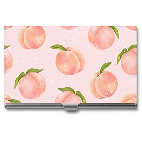 Niapessel Visitenkartenetui, Pfirsich mit Blätterdruck, schmal, tragbar, Metall, Visitenkartenetui für Damen und Herren, 9,4 x 5,6 x 0,8 cm, Pfirsich mit Blättern von Niapessel