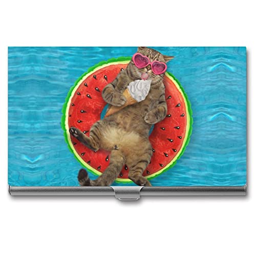 Niapessel Visitenkartenhalter, lustige Katze, die auf Wassermelone liegt, schlank, tragbar, Metall, Visitenkartenetui für Damen und Herren, 9,4 x 5,6 x 0,8 cm, Lustige Katze liegend auf Wassermelone, von Niapessel