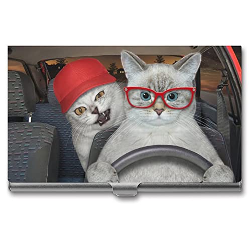 Niapessel Visitenkartenhalter, lustige Katze fährt ein Auto, schlanke tragbare Metall-Visitenkartenetui für Damen und Herren, 9,4 x 5,6 x 0,8 cm, Lustige Katze fährt ein Auto von Niapessel