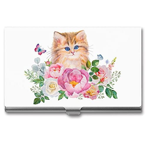 Niapessel Visitenkartenhalter, niedliches kleines Katzendruck, schmal, tragbar, Metall, Visitenkartenetui für Damen und Herren, 9,4 x 5,6 x 0,8 cm, Niedliche kleine Katze von Niapessel