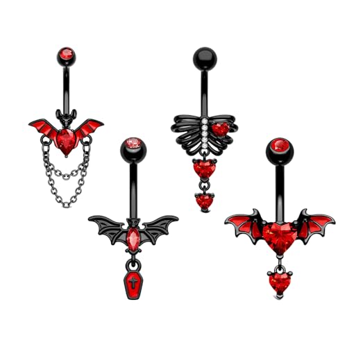 4 x Fledermaus-Bauchnabel-Ringe für Damen, Unisex, Edelstahl, 14 g, Kristall, roter Zirkonia, Liebe, Herz, Fledermaus, baumelnd, Bauchnabelpiercing, Punk, Weihnachten, Halloween, Statement, von Niaspi