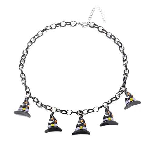 Niaspi Halskette mit Halloween-Anhänger aus Acryl für Damen und Herren, Unisex, Punk, klobig, Cartoon, Hexenhut, Geist, Fledermaus, Tier, verstellbare Gliederkette, Halskette, Vintage, Gothic, Kostüm von Niaspi