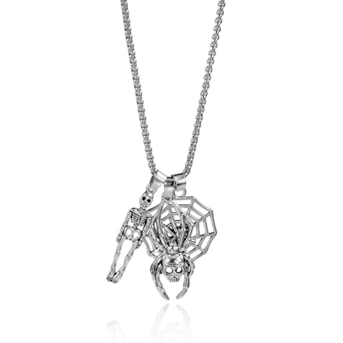Niaspi Halskette mit Totenkopf-Anhänger im Vintage-Stil für Damen und Herren, Unisex, Punk, Gothic, Skelett, Spinnennetz, lange Kette, hypoallergen, leicht, Halloween-Hip-Hop-Party-Zubehör, Schmuck von Niaspi