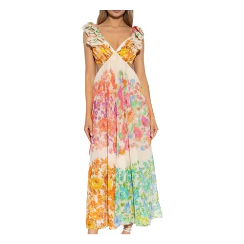 Niblido Aurelio Floral Sommerkleid Damen Boho Flowy V-Ausschnitt Floral Midi Kleid Gesmoktes Frühling Herbst Hochzeit Gäste Kleider, Wie shwon, L von Niblido