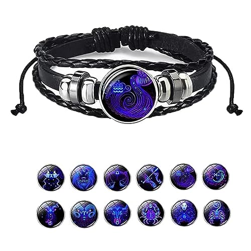 Niblido Sternzeichen-Armband, handgefertigt, gewebt, mehrlagig, verstellbar, 12 Sternzeichen, PU-Leder, Unisex, leuchtet im Dunkeln, Sternzeichen-Schmuck, Geschenke für Damen und Herren, Length: 7 +3 von Niblido