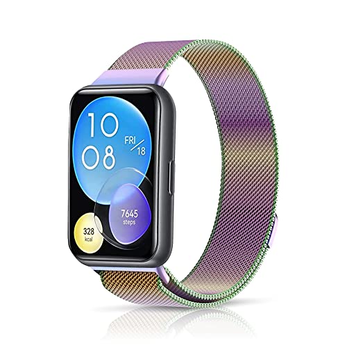 Niboow Armband Kompatibel mit Huawei Watch Fit 2, Männer und Frauen Edelstahl Einstellbar Ersatzband, Magnetversch Mesh Gewebte Uhrenarmband Kompatibel mit Huawei Watch Fit 2-Regenbogen von Niboow