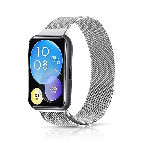 Niboow Armband Kompatibel mit Huawei Watch Fit 2, Männer und Frauen Edelstahl Einstellbar Ersatzband, Magnetversch Mesh Gewebte Uhrenarmband Kompatibel mit Huawei Watch Fit 2-Silber von Niboow
