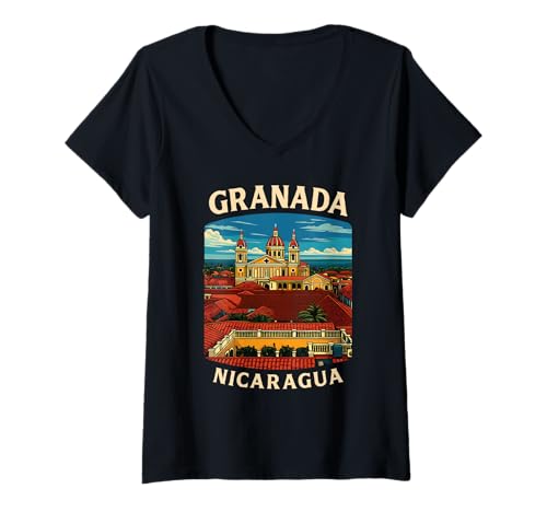Damen Granada Nicaragua Kolonialkathedrale Reise Souvenir Kunst T-Shirt mit V-Ausschnitt Damen Granada Nicaragua Kolonialkathedrale Reise Souvenir Kunst T-Shirt mit V-Ausschnitt von Nicaragua Apparel Co