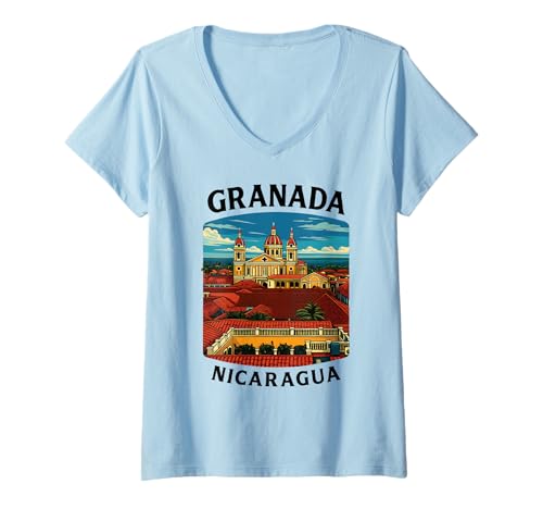 Damen Granada Nicaragua Kolonialkathedrale Travel 505 Leon Torogoz T-Shirt mit V-Ausschnitt von Nicaragua Apparel Co