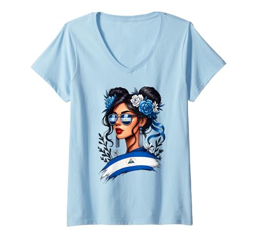 Damen Nicaraguanisches Mädchen Messy Bun Hispanic Heritage Monat Männer Frauen T-Shirt mit V-Ausschnitt von Nicaragua Nicaraguan Hispanic Heritage Month kids