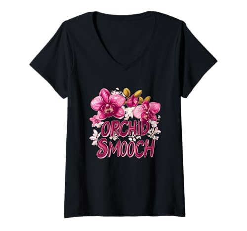 Damen Hübsches Orchidee Wildblume Kostüm mit Smooch Spruch T-Shirt mit V-Ausschnitt von Nice Orchids Outfit