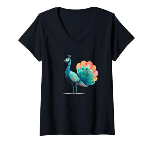 Damen Cooles Pfauen-Kostüm in schönen Farben T-Shirt mit V-Ausschnitt von Nice Peacock Outfit