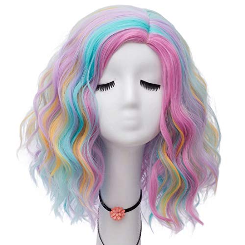 NiceLisa Frauen 16 Zoll Mittellanges Seitenteil Bunte Curly Wave Tägliche Halloween Cosplay Perücke von NiceLisa